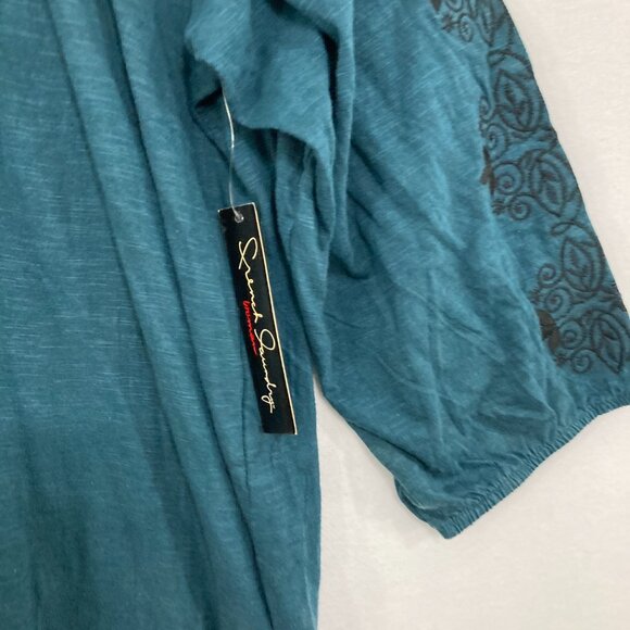 New French Laundry size 1X Teal Embroidered Cotton Stretch Tie Front Blouse - Picture 3 of 9